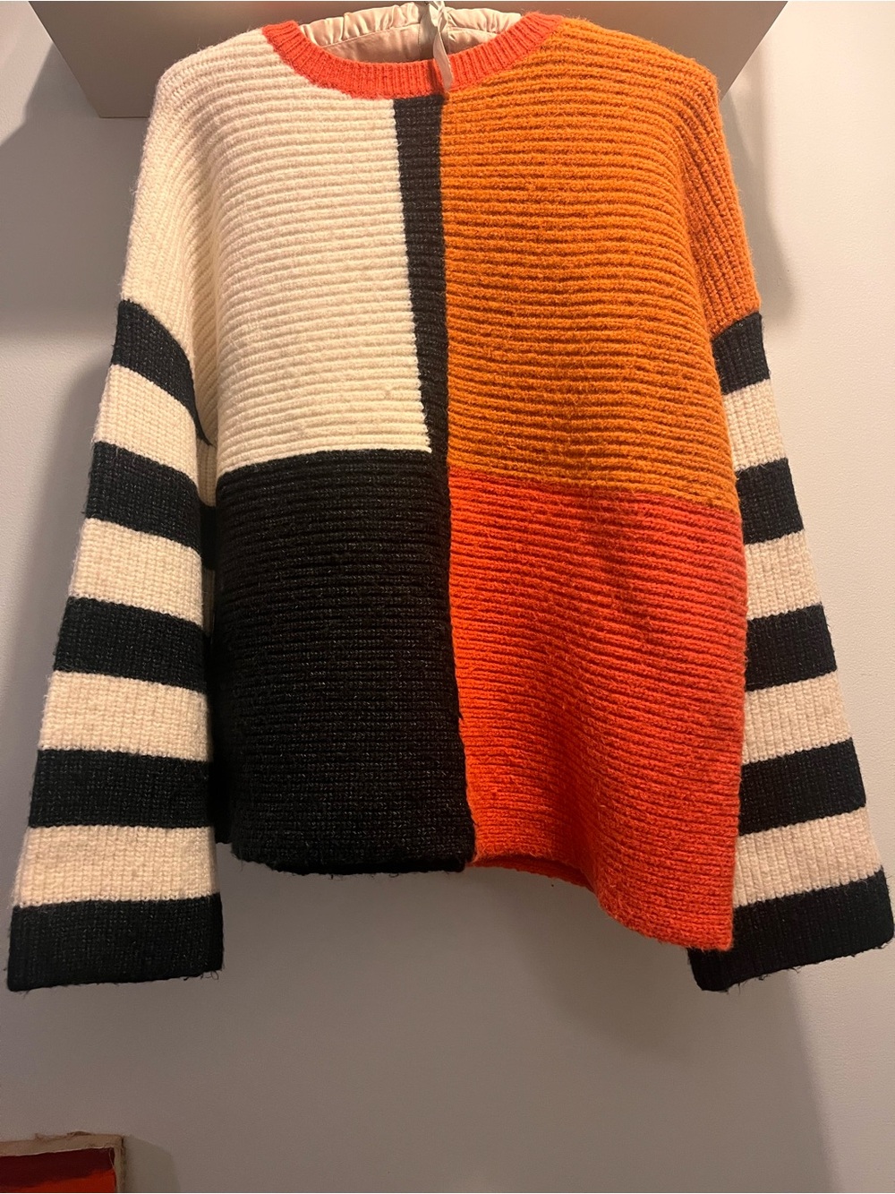 tea n rose Colorblock Rib-Knit Sweater in Orange, Black & Cream